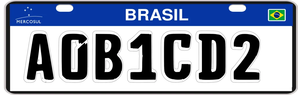Placa padrão Mercosul de exemplo, A0B1CD2, sem bandeira do estado nem brasão da cidade